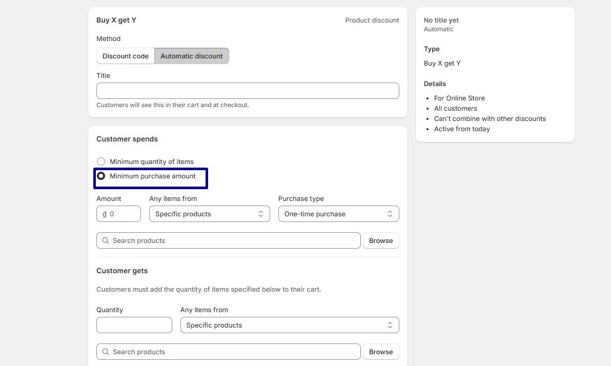 select Minimum purchase amount, set the desired threshold (e.g., $100), and choose a collection
